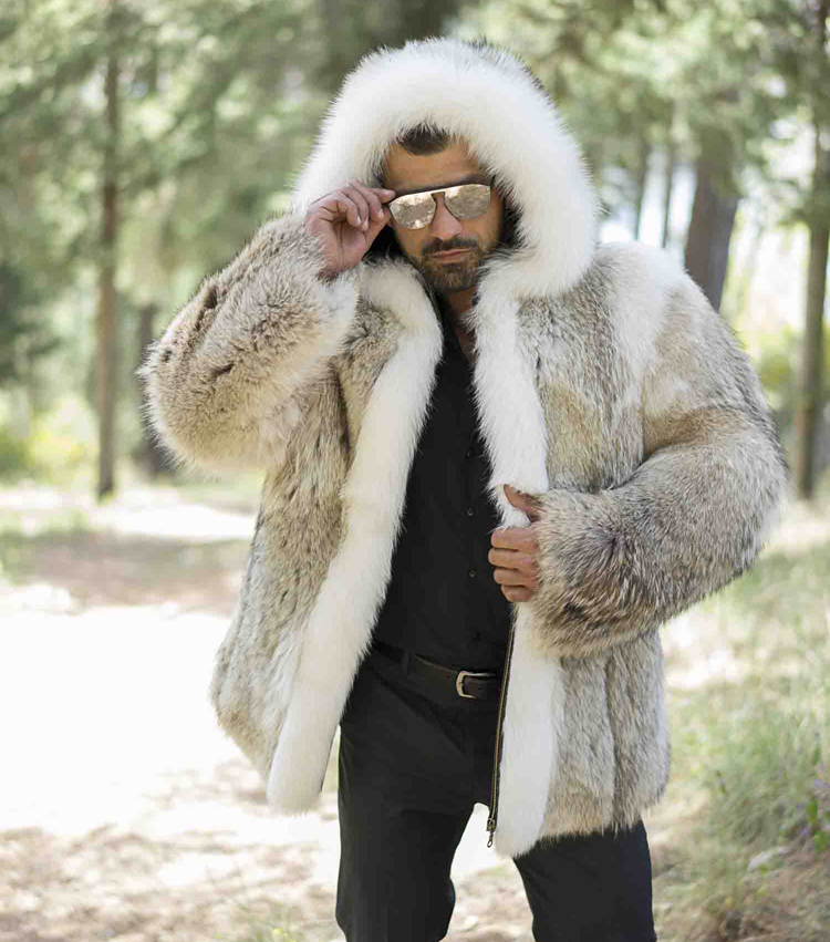 MEN'S COYOTE FURS : Men's Coyote Fur Jacket With White Fox Hood